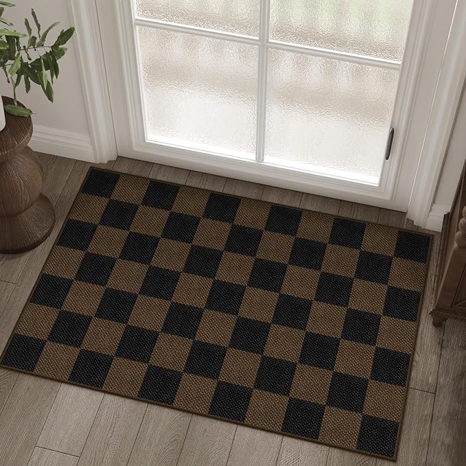 Rugalia Easy Jute Checkered Entryway Rug, 2x3 Coffee Modern Indoor Outdoor Doormat, Washable Non-Slip Small Kitchen Rug Farmhouse Checkerboard Throw Rugs for Entrance Bedroom Bathroom