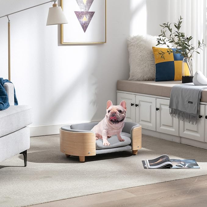 Pet Sofa Bed for Small Medium Dogs Cats, Removable Washable Plush Cushion Elevated Anti-Slip Durable Pet Couch Lounge Furniture for Living Room Bedroom (Light Gray, Small)