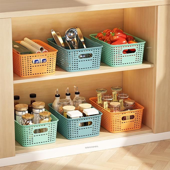 ORGIDOL Colorful Plastic Storage Baskets Bins for Home Organizing, 12 Pack | Space-Saving Storage Container with Handles, Multi-Purpose Storage Box, for Cabinet, Shelve, Countertop, Closet, Classroom
