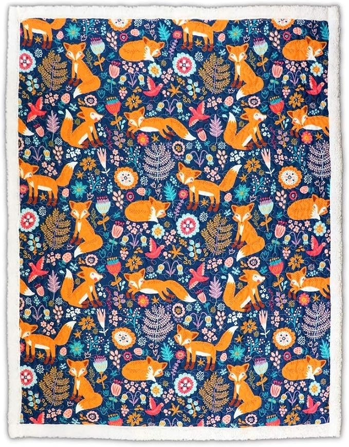 Lush Decor Pixie Fox Sherpa Throw Blanket 50”W x 60"L Navy & Orange - Sherpa Blankets - Toddler Blanket For Bed - Navy Girls Room Decor - Floral Throw
