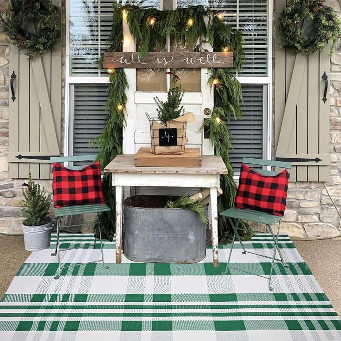 Christmas Plaid Outdoor Rug, 4' x 6' Green&White Checkered Indoor/Outdoor Area Rug, Layering Rug for Hello/Welcome Door Mat, Machine Washable Cotton Woven Rug for Farmhouse Front Porch, Entryway