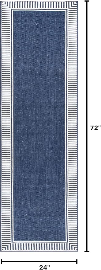Nuloom Asha Navy/Ivory, 2' x 6', Casual, Striped Border, Soft and Cozy, High Traffic, Easy Clean, Durable Runner for Indoor/Outdoor Patio, Deck, Porch, Garden, Courtyard