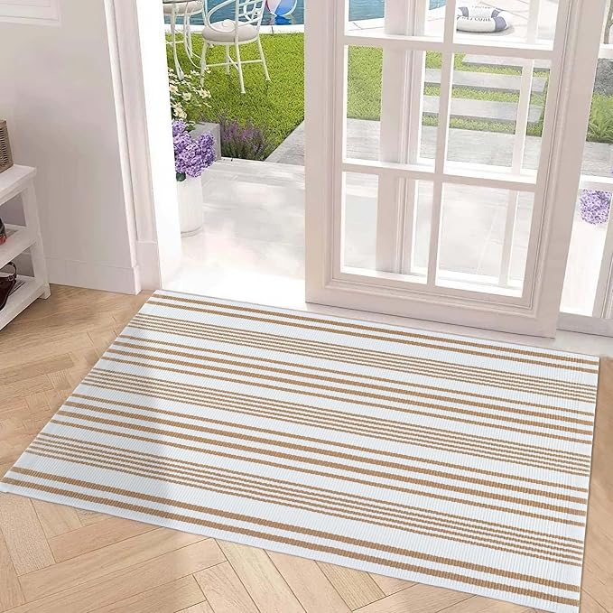 Khaki and White Striped Outdoor Rug 24'' x 51'' Front Porch Rug Hand-Woven Machine Washable Indoor/Layered Door Mats for Entryway/Bedroom