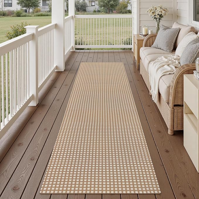 Rugalia Washable Woven Hallway Runner Rug, 2x8 Camel Cotton Rug Runners for Entryway Non-Slip Long Kitchen Mat, Modern Natural Plaid Indoor Outdoor Throw Runner Carpet for Porch Bedroom