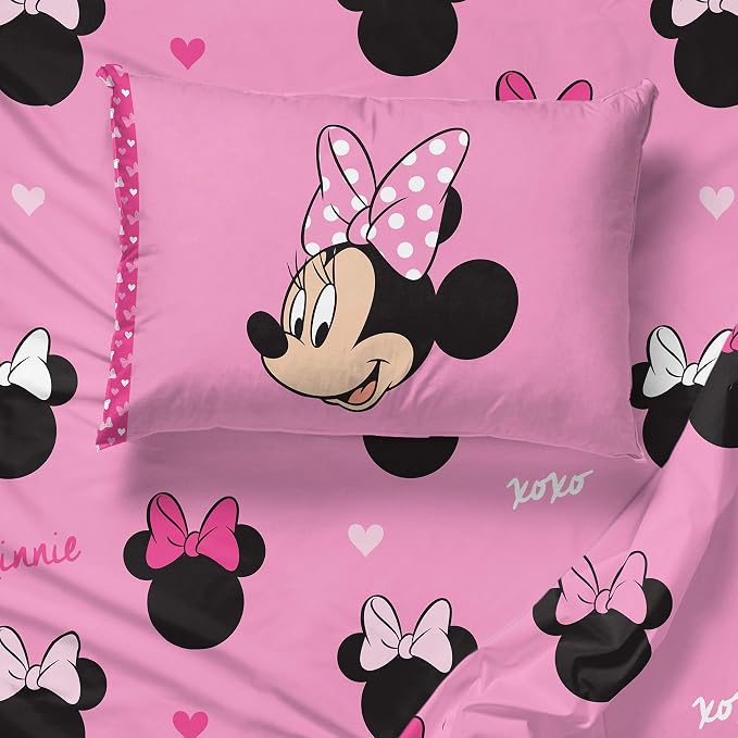 Jay Franco Disney Minnie Mouse Kids Twin Sheet Set - Super Soft Microfiber | 3 Piece Deep Pocket Fitted, Flat & Pillowcase, Breathable, Machine Washable, Girls Bedding (Official Disney Product), Pink