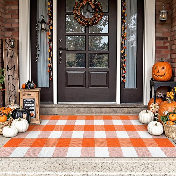 Uphome Bufflo Plaid Outdoor Rug 2'x4.3', Fall Decor Checkered Front Door Mat, Indoor Outdoor Farmhouse Porch Rug for Layered Door Mats, Washable Halloween White/Orange Runner for Patio Entryway
