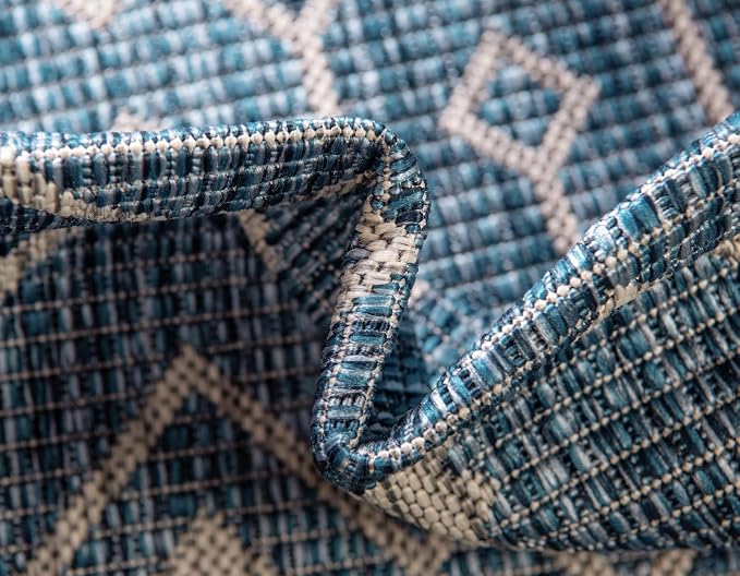 Unique Loom Outdoor Trellis Collection Area Rug - Tribal Trellis (10' Square, Blue/ Ivory)