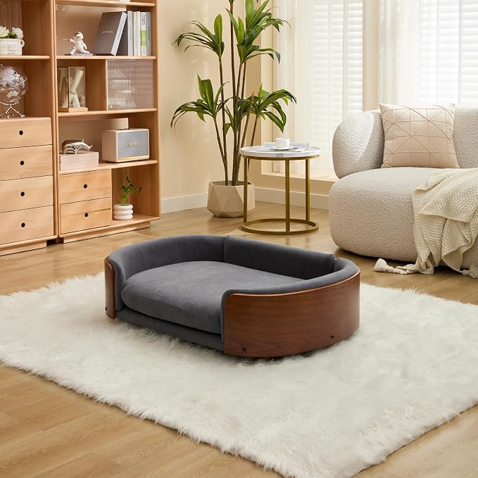Scandinavian Style Elevated Dog Bed Pet Sofa with Solid Wood Legs and Bent Wood Back, Velvet Cushion, Large Size, Walnut Frame & Dark Grey Cushion