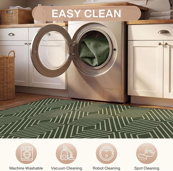 Tribesigns Modern Easy Jute 3x5 Washable Outdoor Patio Porch Area Rug,Green | Machine Washable, Non-Slip with 4 Rug Tape, Ultra-Thin Low Pile, for Farmhouse Indoor Kitchen Entryway Deck RV Balcony