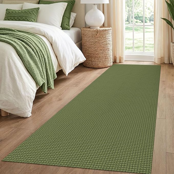 IOHOUZE Washable Runner Rug 3x8 Non Slip Rubber Backed Wide Hallway Runner Entryway Runner Indoor, Kitchen Rugs Woven Floor Carpet for Hall Entrance Bedroom, Olive Green/Earthy Green