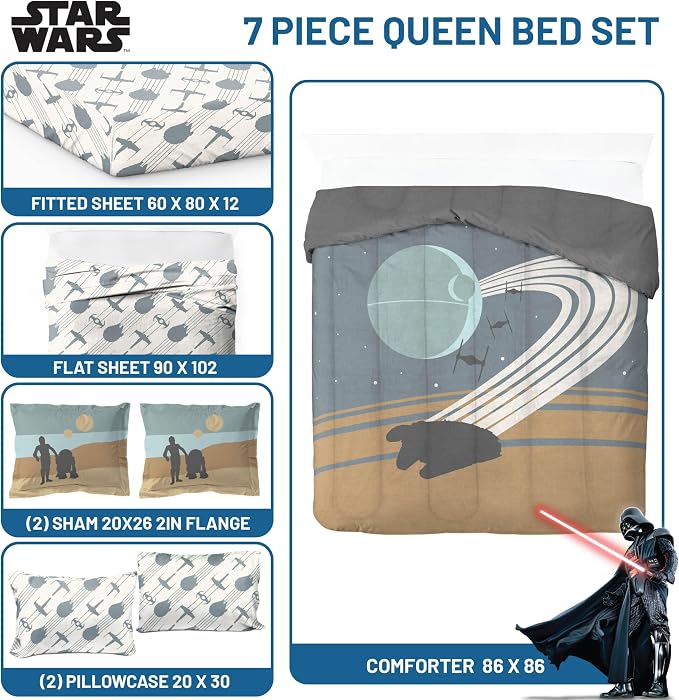 Star Wars Queen Comforter Set 7 Piece Soft Bedding for Boys, Multi | Bed in a Bag, Comforter Sheets Shams Pillowcases, Official Product, Soft Microfiber, Machine Washable, Boys Gift