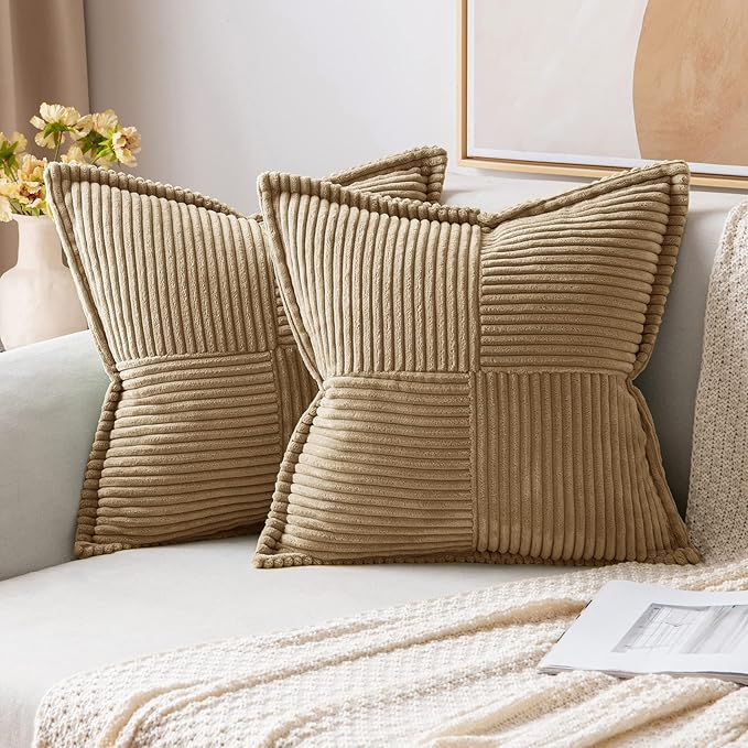 MIULEE Decorative Throw Pillow Covers for Couch Bed Livingroom 18x18 Inch Set of 2 Khaki Boho Accent Throw Pllows Broadside Striped Patchwork Soft Corduroy Pillowcases