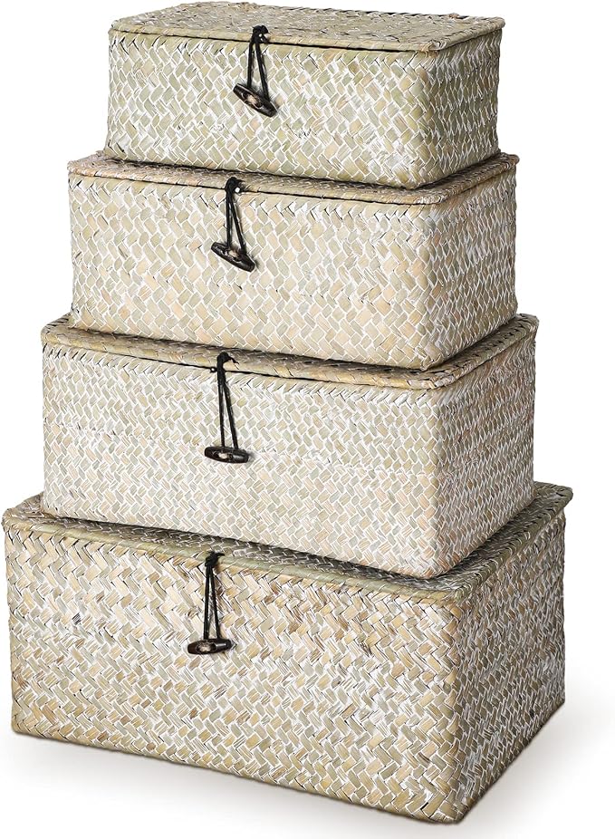 Woanger Set of 4 Wicker Baskets with Lids, Nautral Seagrass Storage Baskets, Woven Rectangular Basket Bins, Rattan Storage Organizer for Shelf Closet Bedroom(White)