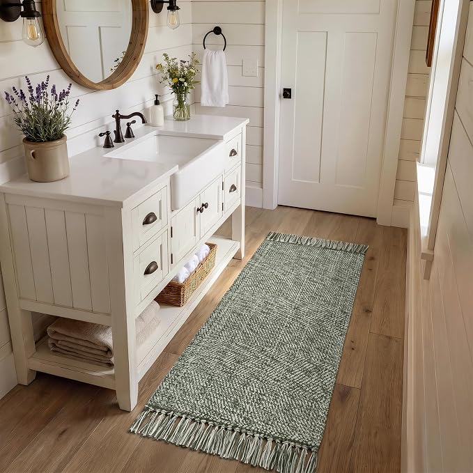 Collive Sage Green Bathroom Runner Rug, 2' x 5' Modern Farmhouse Kitchen Runner Rug Hand-Woven Entryway Rugs Runners for Hallway, Boho Washable Laundry Carpet Indoor Front Door Mat for Bedroom Decor
