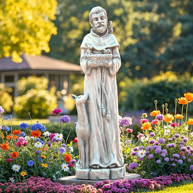 36.2" St Francis Garden Statue,Outdoor Catholic Sculpture | Large Religious Christian Figurine Decor for Prayer and Meditation,Weatherproof Durable Mgo , Patron Saint of Animals