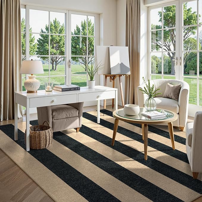 Lahome Striped Easy Jute Living Room Rug, 8x10 Outdoor Patio Rugs Washable | Black Indoor Area Rug, Modern Farmhouse Geometric Non Slip Non Shedding Carpet for Office Backyard Dining Room Sunroom