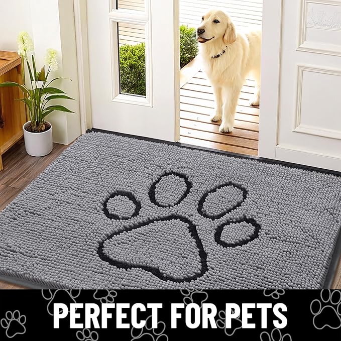 Smiry Dog Door Mat for Muddy Paws, Absorbent Dirt Trapper Non Slip Quick Dry Washable Chenille Mat for Mud Dogs, Entry Rug for Indoor and Outdoor (71x46 Inches, Grey and Black)