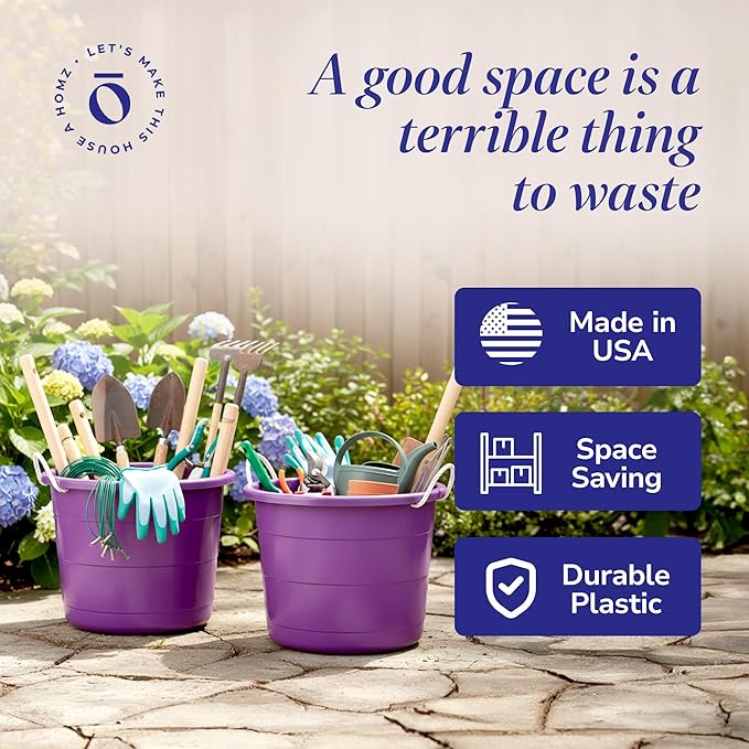 Homz 2 Pack of 17 Gallon Storage Buckets, Durable Plastic Containers, Sturdy Rope Handles, Large Tubs for Sports Equipment, Party Cooler, Gardening, Toys and Laundry, Orchid