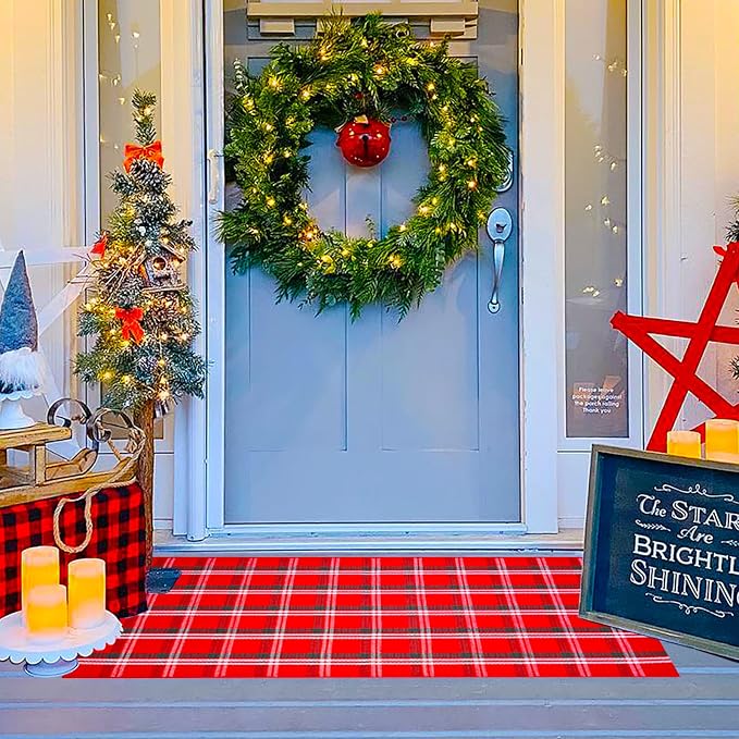 Ckorzen Red Green and White Plaid Rug, 2' x 4'3" Christmas Front Porch Outdoor Rug, Handwoven Cotton Washable Rug for Layered Door Mats, Holiday Entryway and Home Décor