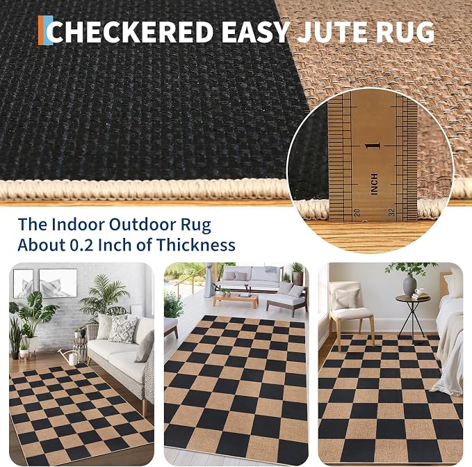 GarveeHome 9x12 Checkered Easy Jute Rugs for Bedroom Machine Washable Large Rugs Non-Slip Backing Modern Neutral Stain Resistance Carpets for Farmhouse Patio Dining Room Backyard Black Tan
