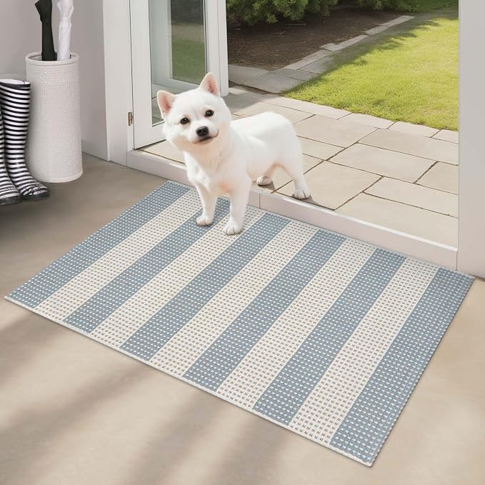 Blue and Cream Striped Rugs 2'x3', Washable Hand Woven Front Door Rug, Outdoor Welcome Mat Foldable Front Door Mats for Entryway Outside Home Entrance Farmhouse