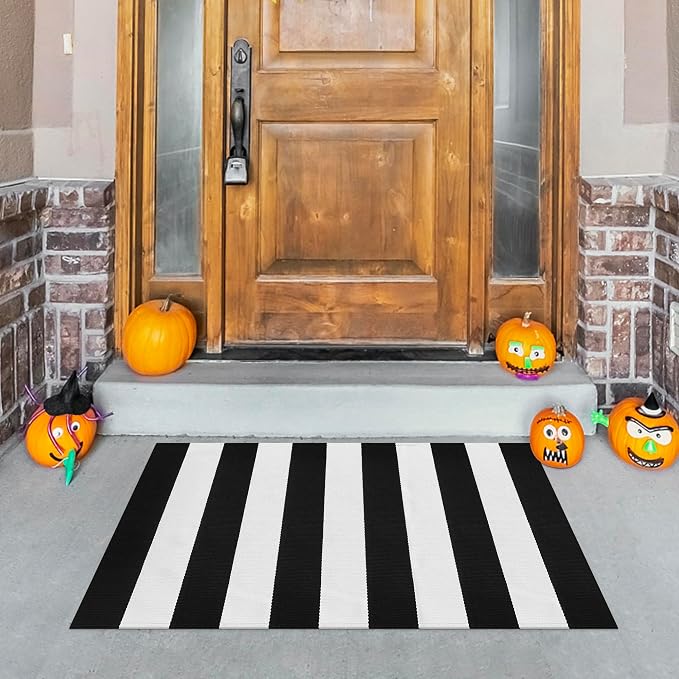 Black and White Striped Rug 27.5x43 Inches Front Porch Layered Door Mats Small Washable Cotton Indoor Outdoor Carpet for Entryway Patio Farmhouse Decor