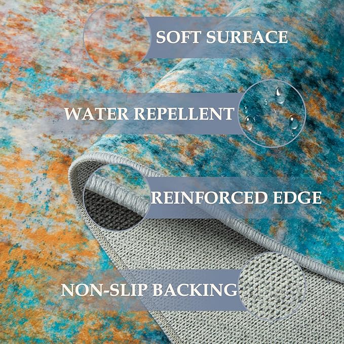 Washable Area Rugs 6'x8' Non-Slip Modern Abstract Soft for Living Room Entryway Bedroom Nursery, Print Pattern, Teal Blue Green Orange Rust Red Colorful