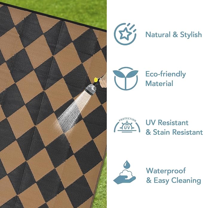 GarveeLife 9x18 Outdoor Rug for Patio Reversible, Plastic Straw Rug Waterproof Camping Rug Portable, Foldable Lightweight Mat for RV, Patio, Backyard, Deck, Picnic, Beach (Black/Brown)