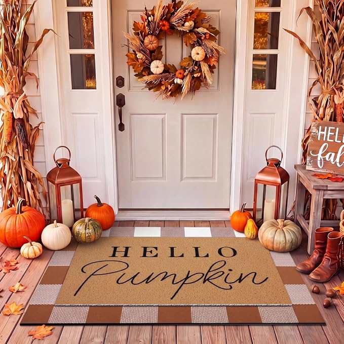 Tinideya 2 Pcs Door Mat Welcome Non Slip Coir Mats Floor Layering Doormats Seasonal for Front Porch Entryway Decor(Brown White Plaid)