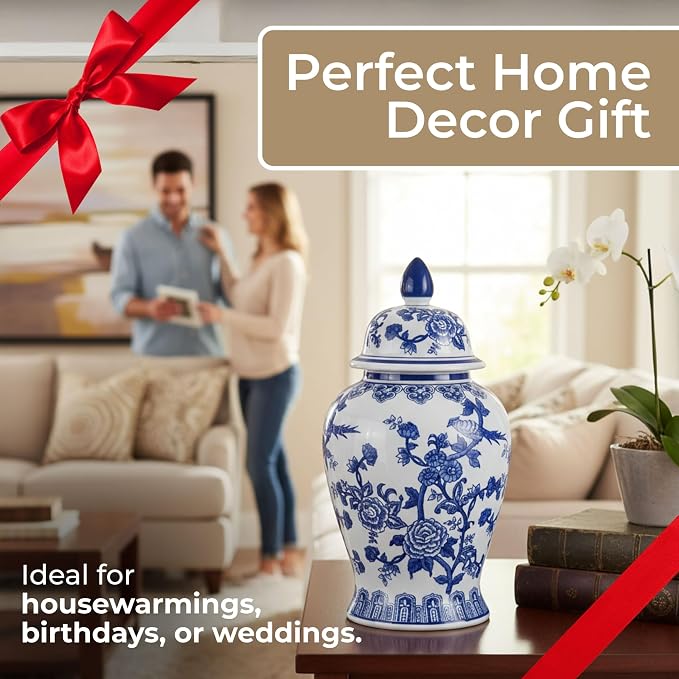 Decorative Ginger Jar for Home Decor – Ceramic Jar With Lid, Chinoiserie Pattern, Large Tabletop Accent for Living Room or Entry Shelf Display, Stylish Centerpiece Decor – 18", Blue & White