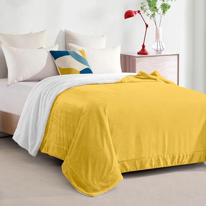Elegant Comfort Ultra Soft Reversible Flannel Sherpa Blanket - Cozy Silky Fleece Throw for Couch, Bed - Plush Fuzzy Warm Winter Blanket for Gift, Twin, Yellow