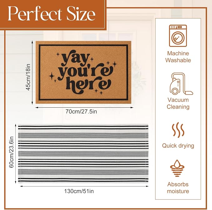 2 Pcs Outdoor Door Mat Combo Set Layered Outdoor Rug and Coir Welcome Doormat Non Slip Outside Floor Mat for Front Porch Entryway Patio Yard Decor(Yay You're Here,24'' X 51',18'' X 28'')