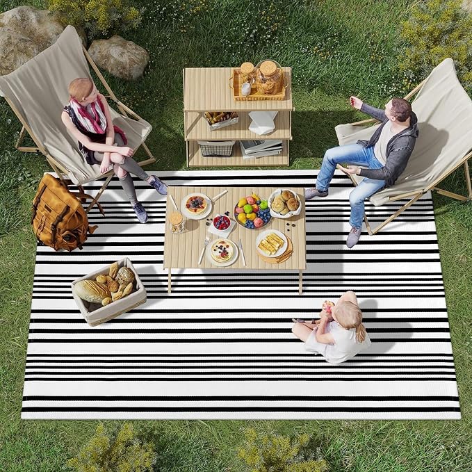 OJIA Outdoor Area Rug 4'x6' Black and White Outdoor Rugs Porch Patio Rug | Machine Washable Camping Rug Cotton Door Mat Indoor Outside Striped Rugs for Front Porch/Deck/Backyard/Balcony/Home Decor
