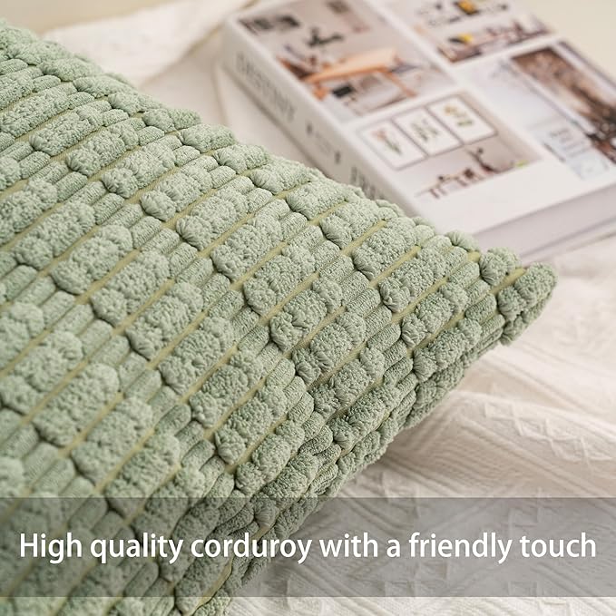 Pack of 2 Corduroy Decorative Throw Pillow Covers 12x20 InchSoft Boho Striped Pillow Covers Modern Farmhouse Home Decor for Sofa Living Room Couch Bed（Sage Green）