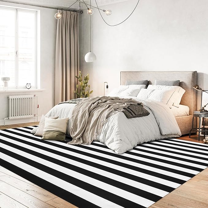 Black and White Striped Rug Woven Mat Outdoor Area Carpet 8x10 Feet | Black and White Thick Stripes Rug Cotton Washable Indoor/Outdoor Area Rug for Living Room Bedroom Bathroom Home Decor Carpet