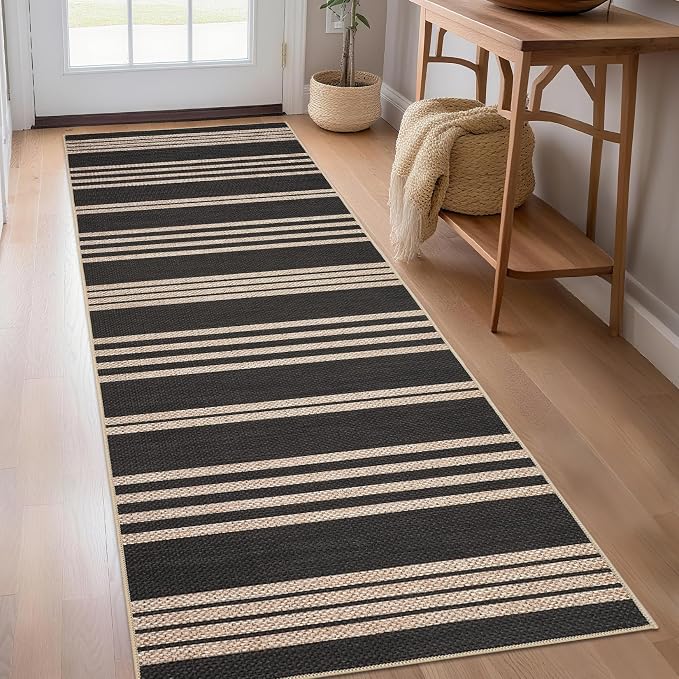 COZYLOOM Indoor Outdoor Area Rugs 2x6 Runner Rug for Hallway Non Slip Stain Resistant Jute Rug for Kitchen Modern Striped Foldable Mats for Bathroom Bedroom Entryway Laundry Room, Black/White