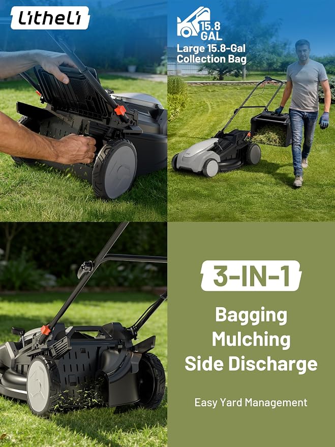 Litheli Lawn Mower 21" Electric Self Propelled for Garden Yards, Lightweight Cordless Lawn Mower Brushless with 6-Position Height Adjustment, 2 x 20V 8.0Ah Battery and Rapid Charge Included
