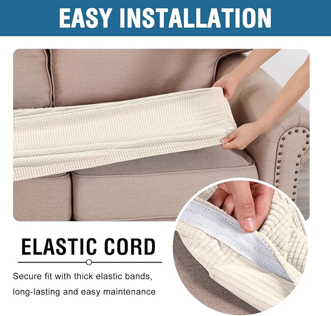 H.VERSAILTEX Super Stretch Individual Seat Cushion Covers Sofa Covers Couch Cushion Covers Slipcover Sets Thick Jacquard Textured Twill Fabric (1 Piece Loveseat Cushion Cover, Natural)