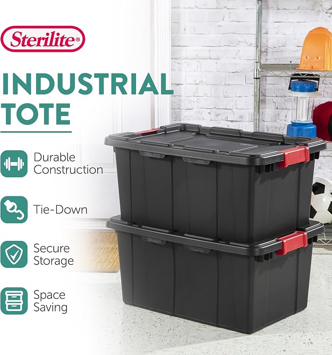 Sterilite Industrial Storage Tote with Lids for Garage, 15 Gallon, 12-Pack | Heavy-Duty and Stackable Utility Box Containers for Home, Office, and Basement Organization, Black