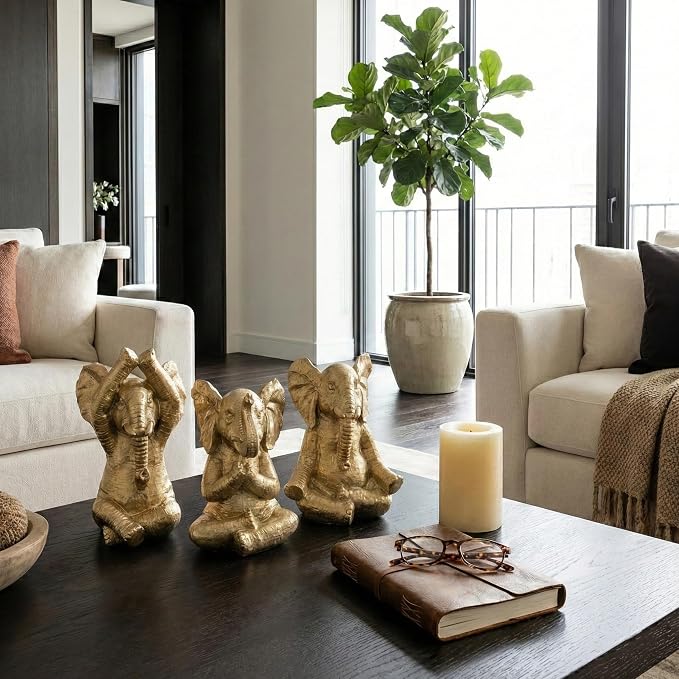 Resin Elephant Figurines Statue Set – Room Decor Accent Trio, Shelf, Desk, or Nightstand Placement – Meditation Pose Symbol of Wisdom and Calm, Home Decor – 8", Gold Finish