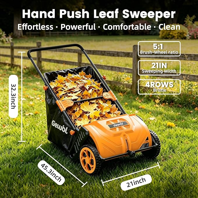 21 Inch Walk-Behind Lawn Sweeper, Push Lawn Sweeper with 3.5 Bushel Collection Bag, Manual Leaf Collector, Leaf Sweeper for Lawn, Yard, Garden,Grass Clippings, Debris