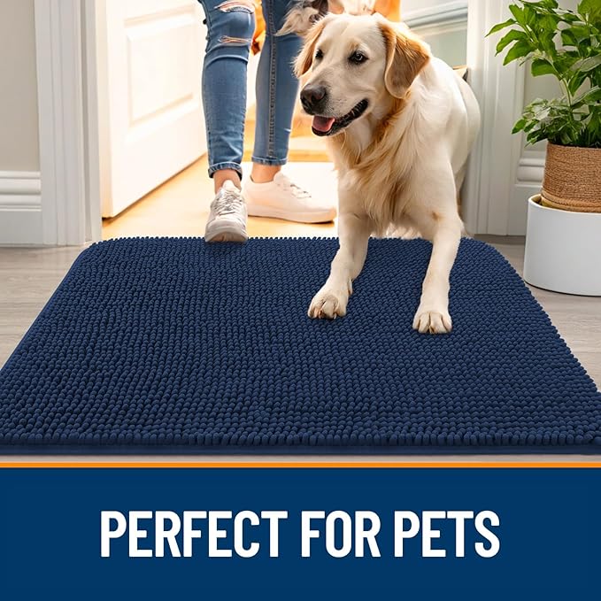 OLANLY Dog Door Mat for Muddy Paws 35x24, Absorbs Moisture and Dirt, Absorbent Non-Slip Washable Doormat, Quick Dry Chenille Mud Mat for Dogs, Entry Indoor Entryway Carpet for Inside Floor, Dark Blue