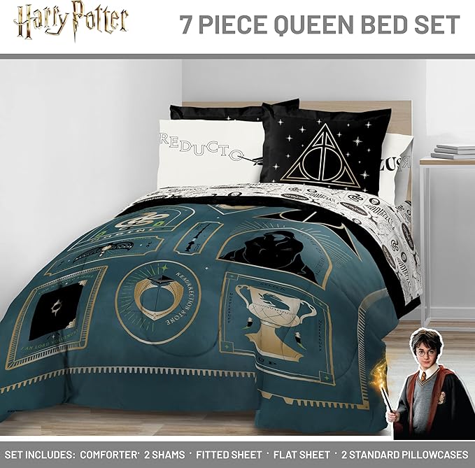 Harry Potter Queen Comforter Set 7 Piece Soft Fantasy Bedding, Blue | Deathly Hallows, Bed in a Bag, Comforter Sheets Shams Pillowcases, Official Product, Soft Microfiber, Machine Washable, Gift