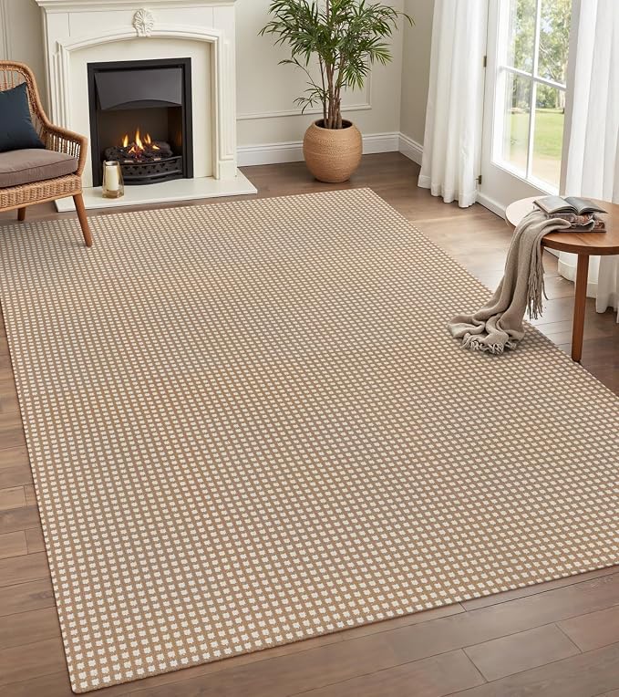 Rugalia Washable Woven 5x7 Area Rug, Camel Natural Cotton Living Room Rugs Low Plie Non-Slip Outdoor Patio Rug, Modern Farmhouse Neutral Plaid Floor Carpet for Dining Room Bedroom Balcony