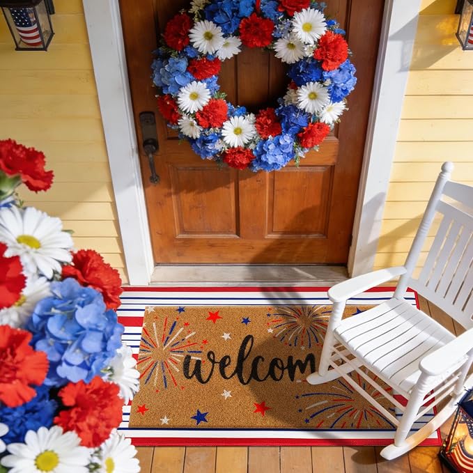 Moucuny 2 Pcs 4th of July Coir Door Mat Outdoor, Patriotic Non-Slip Decor