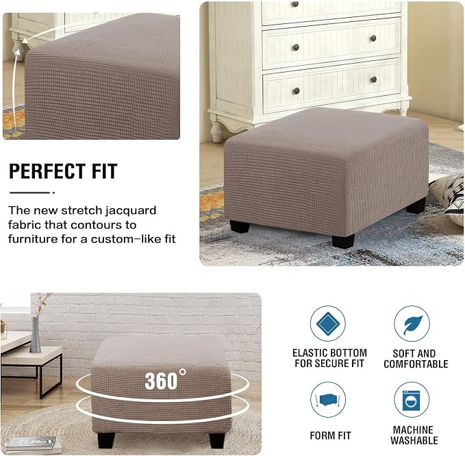 H.VERSAILTEX Square Ottoman Covers Ottoman Slipcovers Folding Storage Stool Furniture Protector Form Fit with Elastic Bottom, Stretch High Spandex Small Checks Jacquard Fabric(Large,Taupe)