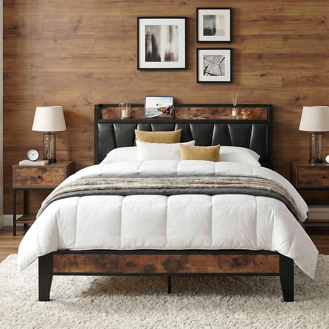 LIKIMIO Queen Bed Frame, Storage Headboard with Charging Station, Solid and Stable, Noise Free, No Box Spring Needed, Easy Assembly (Vintage and Black)