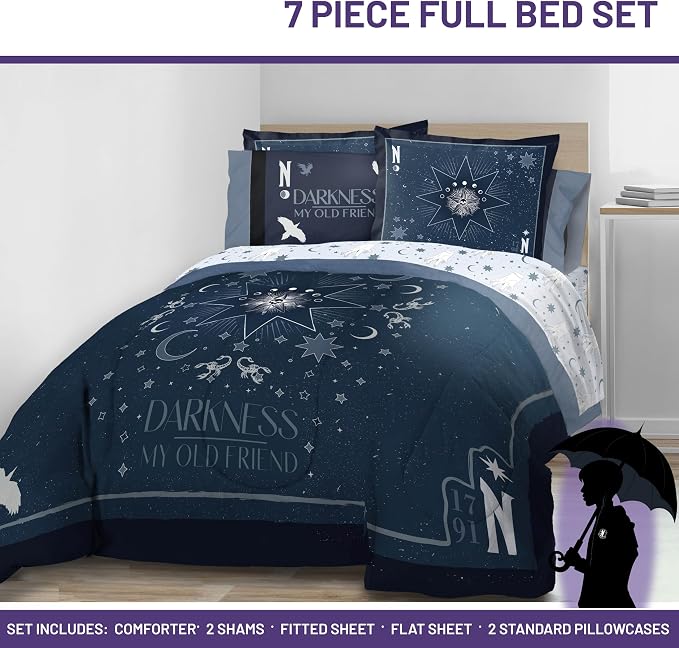 Wednesday Addams Full Comforter Set 7 Piece Bedding for Girls, Blue | Bed in a Bag, Comforter Sheets Shams Pillowcases, Official Product, Soft Microfiber, Machine Washable, Girls Gift