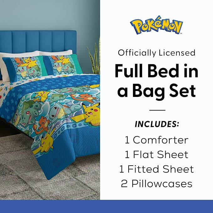 Northwest Pokemon First Starters Full Size Bed in a Bag Set, Pikachu Charmander Squirtle Bulbasaur, Kids Boys Girls Bedding Comforter Sheets