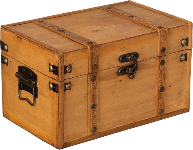Vintiquewise Farmhouse Antique-Style Wood Treasure Chest with Leather Straps & Front Latch Decorative Storage Trunk for Trinkets Jewelry or Letters Rustic Accent for Home or Office Decor, Large